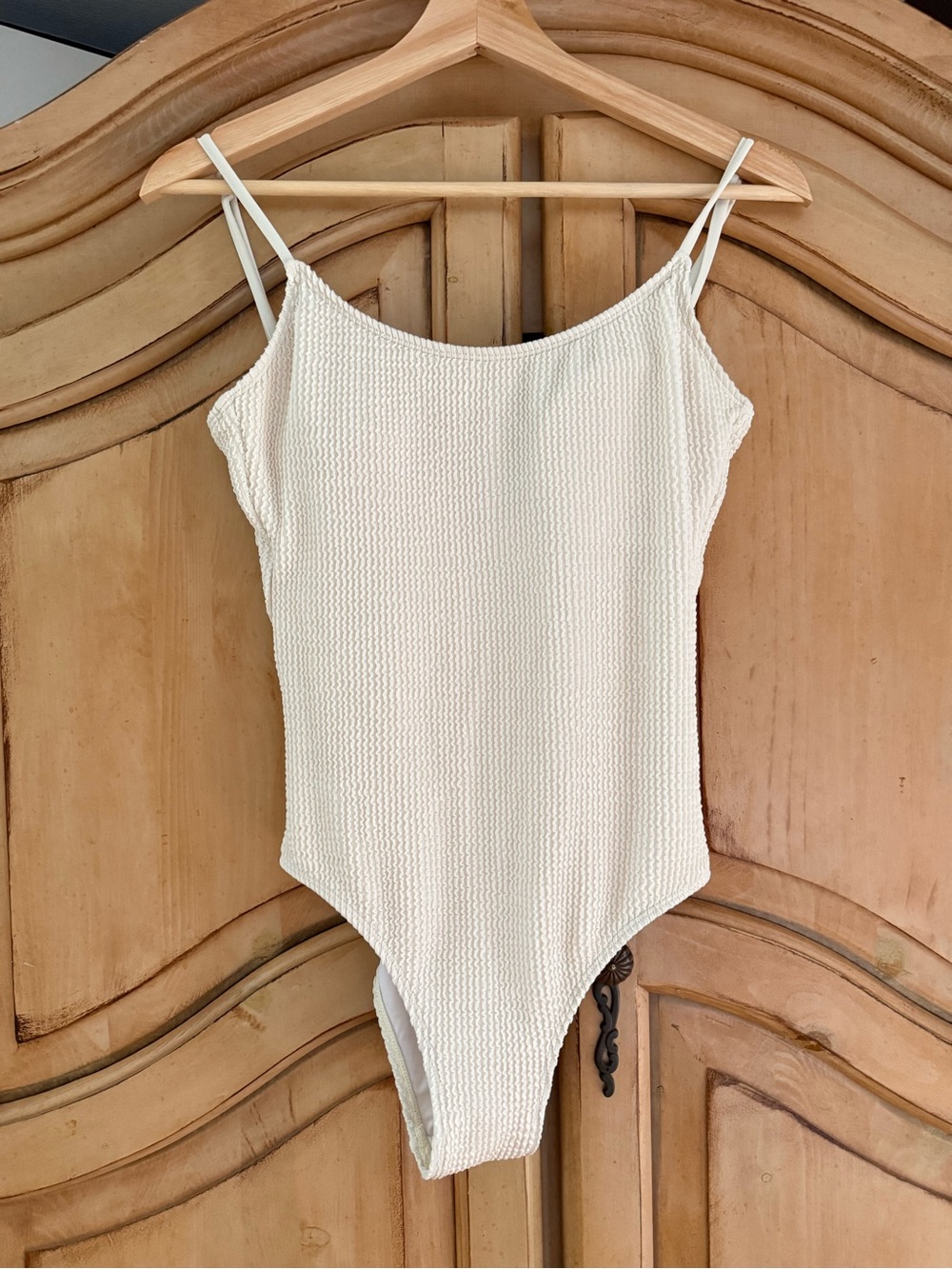 Cream Textured Women's Swim Bodysuit with Spaghetti Straps
